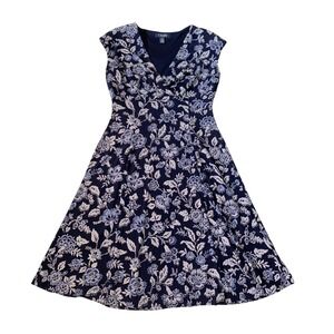 Chaps Womens Petite Small Navy Blue Floral Surplice V-Neck Fit Flare Dress PS